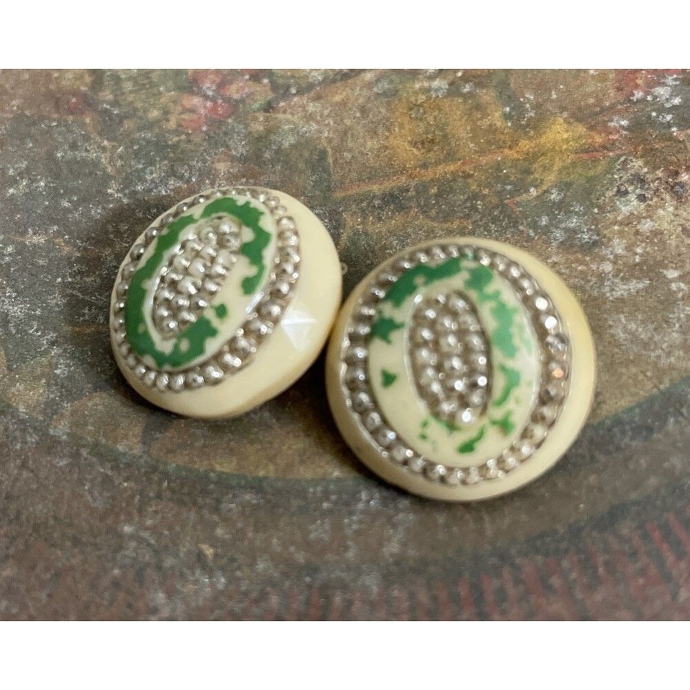 Antique Glass Art Deco Button Lot Rhinestones Green Painted Buttons